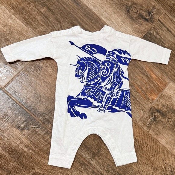 Burberry Other - BURBERRY Baby Equestrian Knight Design Cotton Jumpsuit Romper, White Blue,3M